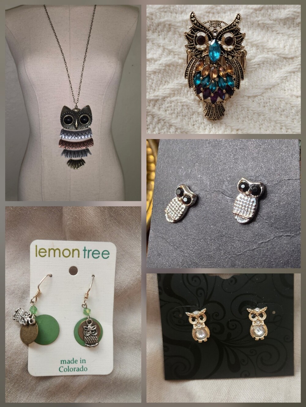 Owl Lovers Jewelry Bunlde Necklace Dangle Stud Earrings Ring